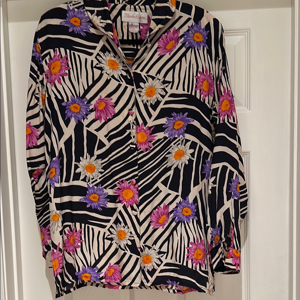 Vintage 80s Rhoda Lynne silk Pink multicolor blouse size M but oversized